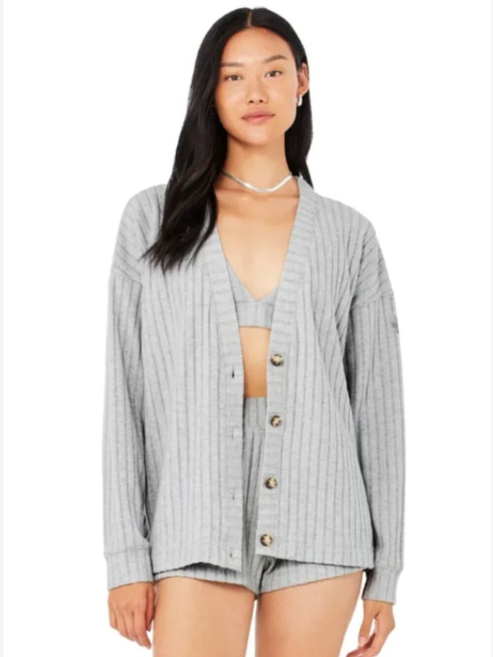 ALO Ribbed Take Comfort Cardigan, Athletic Heather Grey, size M